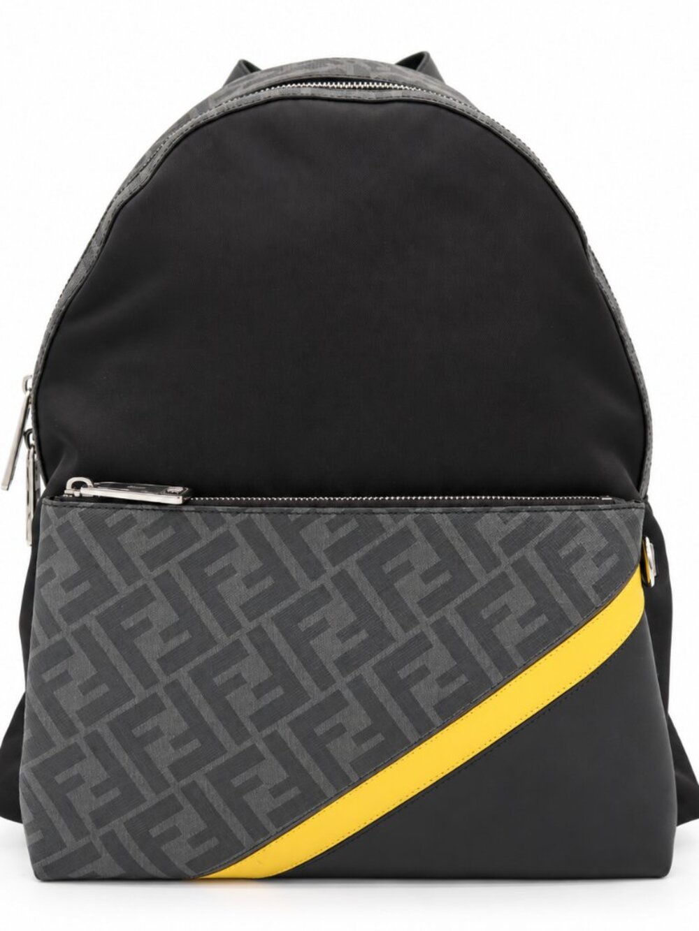 Fendi FF Diagonal Backpack – Black Zucca Nylon, Yellow Stripe (Pre-Owned)